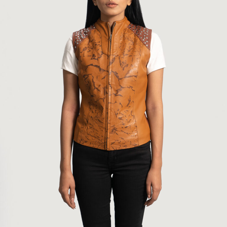 Womens Westina Tan Dye Leather Vest Close Front-5-1664359379450